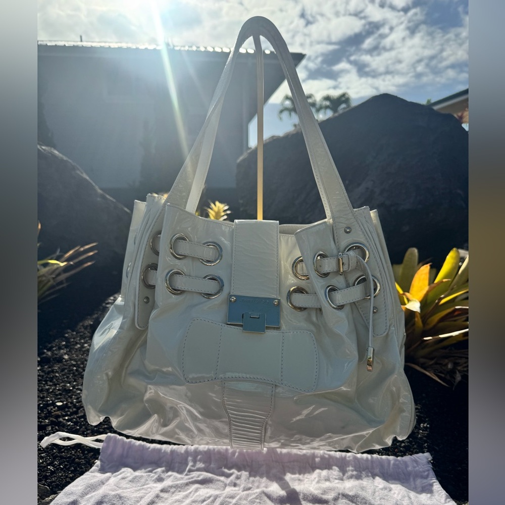Jimmy Choo Made in Italy White Patent Leather Drawstring Tote
